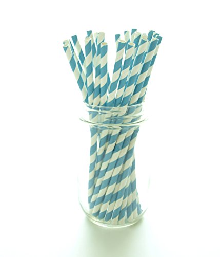 Aqua Blue Striped Drinking Straws - 25 Pack - Vintage Bulk Paper Straws, Aqua Blue Stripe Party Straws