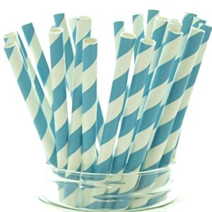 Aqua Blue Striped Drinking Straws - 25 Pack - Vintage Bulk Paper Straws, Aqua Blue Stripe Party Straws