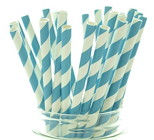 Aqua Blue Striped Drinking Straws - 25 Pack - Vintage Bulk Paper Straws, Aqua Blue Stripe Party Straws