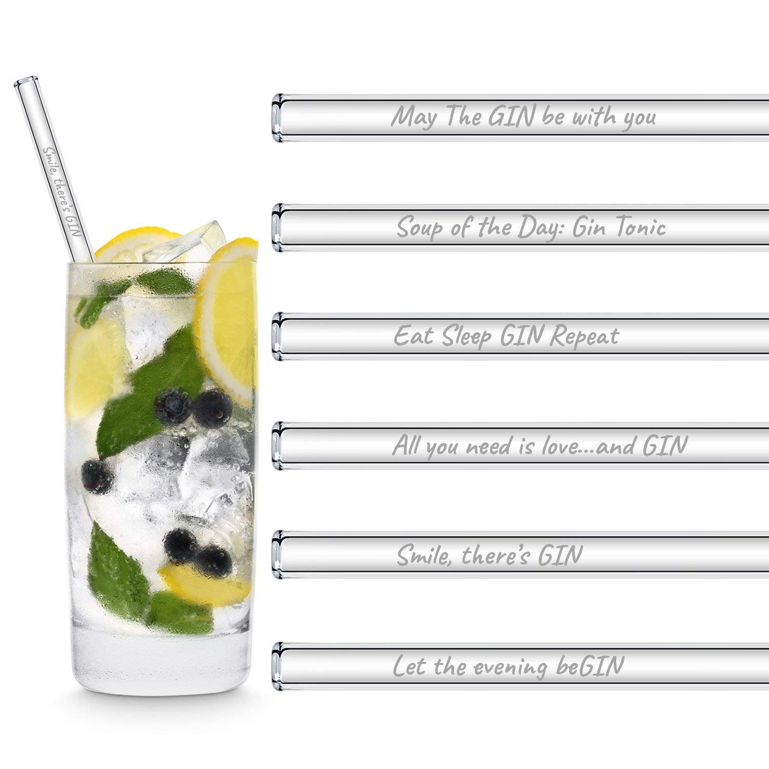 HALM Glass Straws Gin Quotes Edition 6x 8 inch (20 cm) Reusable With Funny Gin Sayings Gift Made in Germany