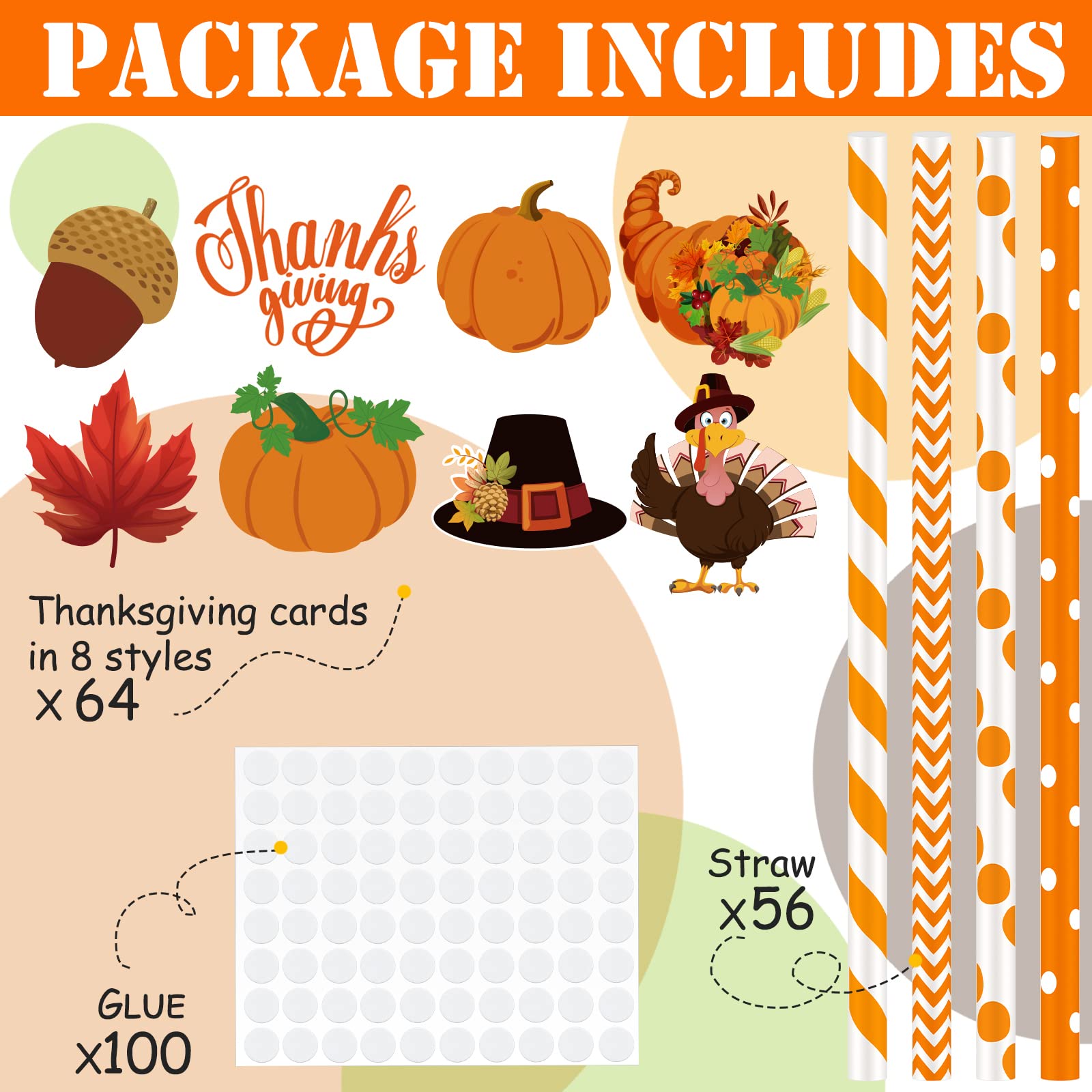 Hotop 56 Thanksgiving Day Orange Paper Straws with 64 Fall Cutouts and 100 Self Adhesive Dots, Disposable Drinking Straws for Thanksgiving Day Decor