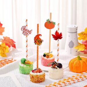 Hotop 56 Thanksgiving Day Orange Paper Straws with 64 Fall Cutouts and 100 Self Adhesive Dots, Disposable Drinking Straws for Thanksgiving Day Decor