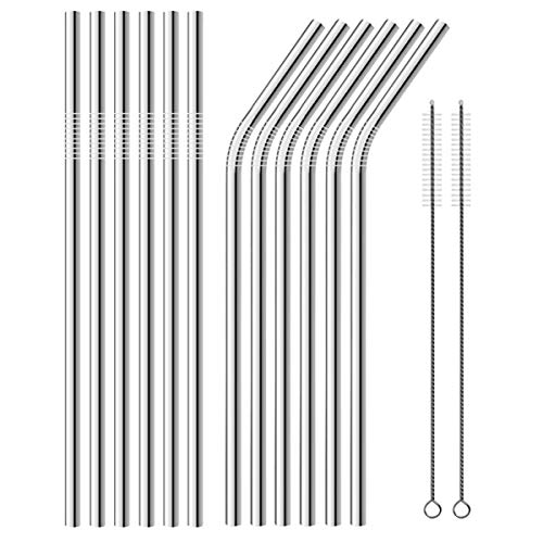 Set of 8 Stainless Steel Metal Straws Ultra Long 10.5 In Reusable Straws for Tumblers Rumblers Cold Beverage (4 Straight|4 Bent|2 Brushes)