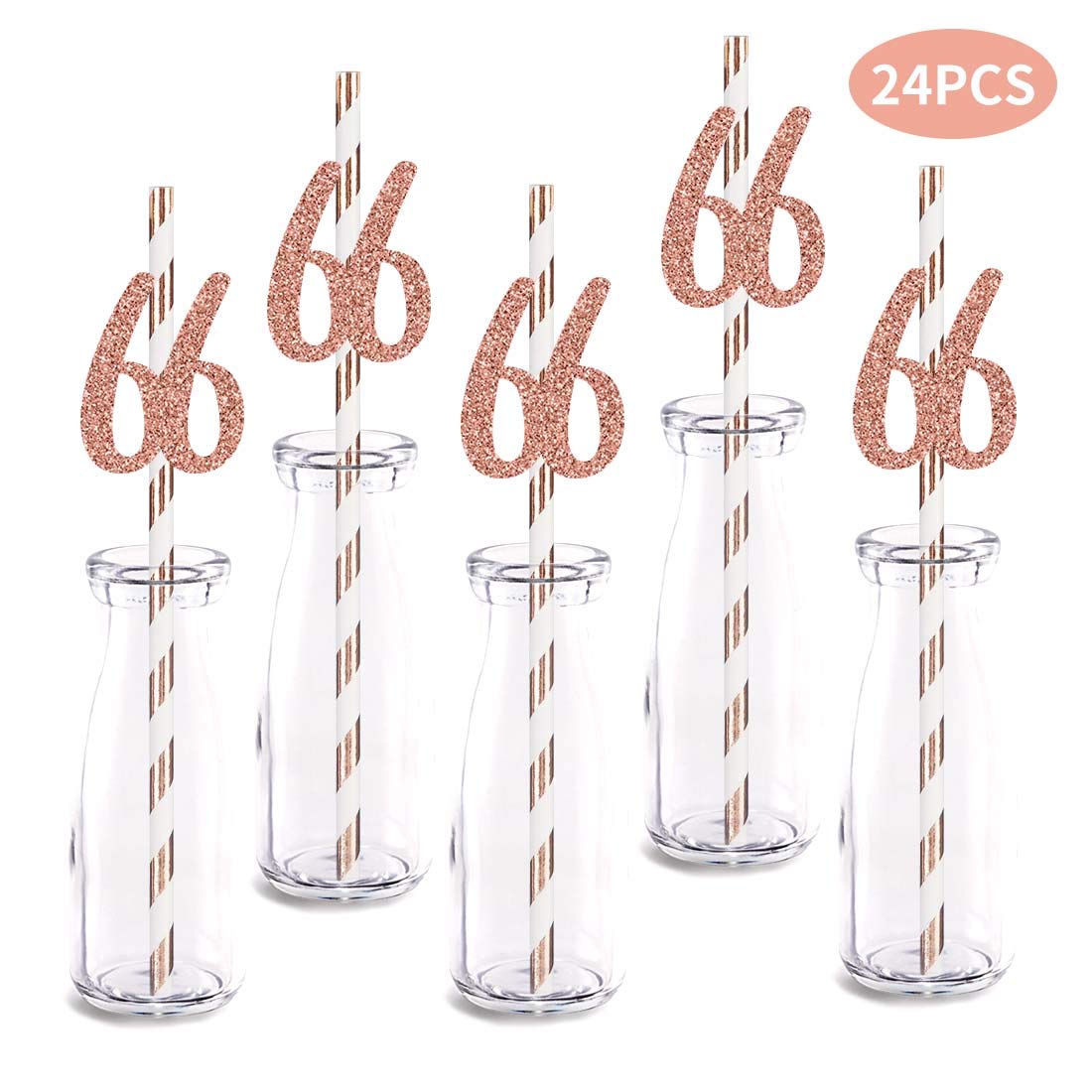 Rose Happy 66th Birthday Straw Decor, Rose Gold Glitter 24pcs Cut-Out Number 66 Party Drinking Decorative Straws, Supplies