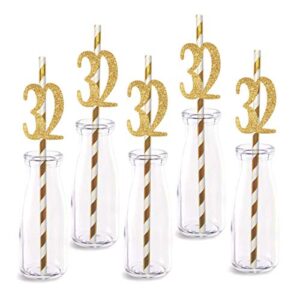 32nd birthday paper straw decor, 24-pack real gold glitter cut-out numbers happy 32 years party decorative straws