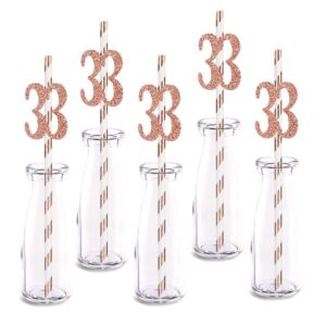 rose happy 33rd birthday straw decor, rose gold glitter 24pcs cut-out number 33 party drinking decorative straws, supplies