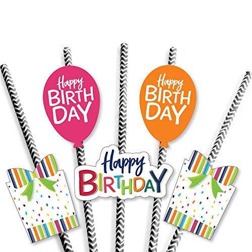 Cheerful Happy Birthday - Paper Straw Decor - Colorful Birthday Party Striped Decorative Straws - Set of 24