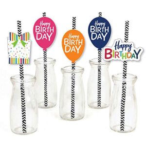 Cheerful Happy Birthday - Paper Straw Decor - Colorful Birthday Party Striped Decorative Straws - Set of 24