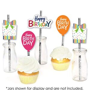 Cheerful Happy Birthday - Paper Straw Decor - Colorful Birthday Party Striped Decorative Straws - Set of 24