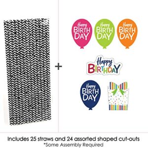 Cheerful Happy Birthday - Paper Straw Decor - Colorful Birthday Party Striped Decorative Straws - Set of 24