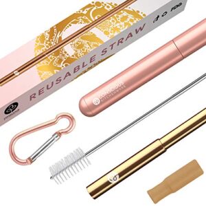 conscious kitchenware reusable metal straws with case - portable and collapsible drinking straw. telescopic stainless steel straw with aluminium travel case and cleaning brush (rose gold)