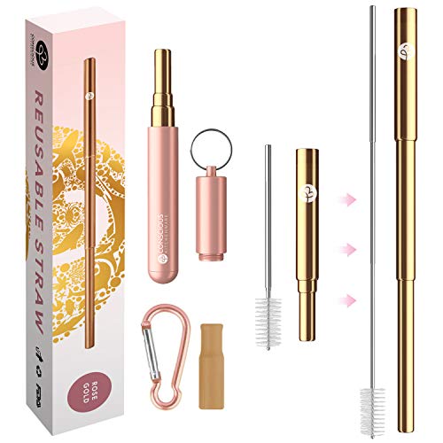 Conscious Kitchenware Reusable Metal Straws With Case - Portable And Collapsible Drinking Straw. Telescopic Stainless Steel Straw with Aluminium Travel Case and Cleaning Brush (Rose Gold)