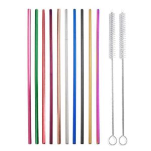 hoshen 10pcs reusable stainless steel color straws, color metal full straight straws (including 2 brushes), suitable for 20/24/30 ounce tumblers, 8.5 inches-full straight