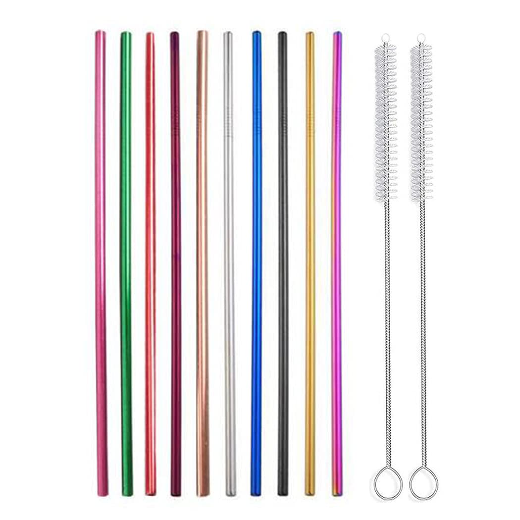 Hoshen 10Pcs Reusable Stainless Steel Color Straws, Color Metal Full Straight Straws (Including 2 Brushes), Suitable For 20/24/30 Ounce Tumblers, 8.5 Inches-Full Straight