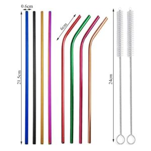 Hoshen 10Pcs Reusable Stainless Steel Color Straws, Color Metal Full Straight Straws (Including 2 Brushes), Suitable For 20/24/30 Ounce Tumblers, 8.5 Inches-Full Straight