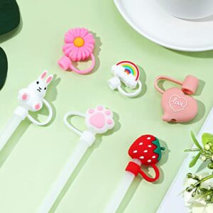 6pcs Straw Covers Cap, Silicone Drinking Straw Tips Lids Straw Covers for Reusable Straws Straw Toppers for Sippy Cups with 6-8mm Straws Dust-Proof (6 Different Cute Cartoon Patterns)