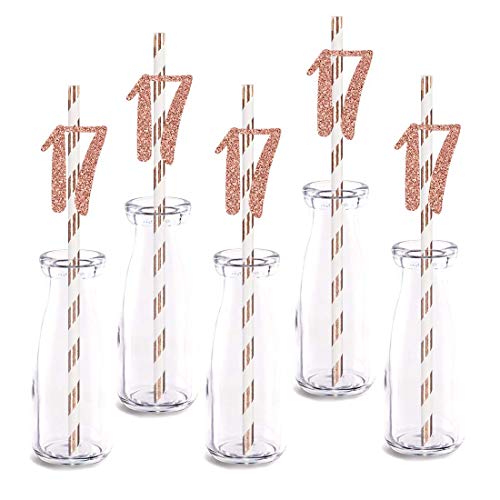 Rose Happy 17th Birthday Straw Decor, Rose Gold Glitter 24pcs Cut-Out Number 17 Party Drinking Decorative Straws, Supplies