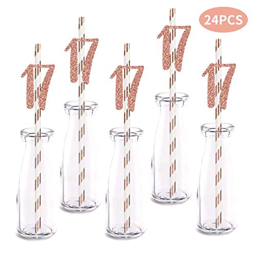 Rose Happy 17th Birthday Straw Decor, Rose Gold Glitter 24pcs Cut-Out Number 17 Party Drinking Decorative Straws, Supplies