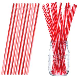 christmas reusable plastic straws long red striped straws xmas drinking straws with rings for christmas wedding party supplies(48 pieces,9 inch)