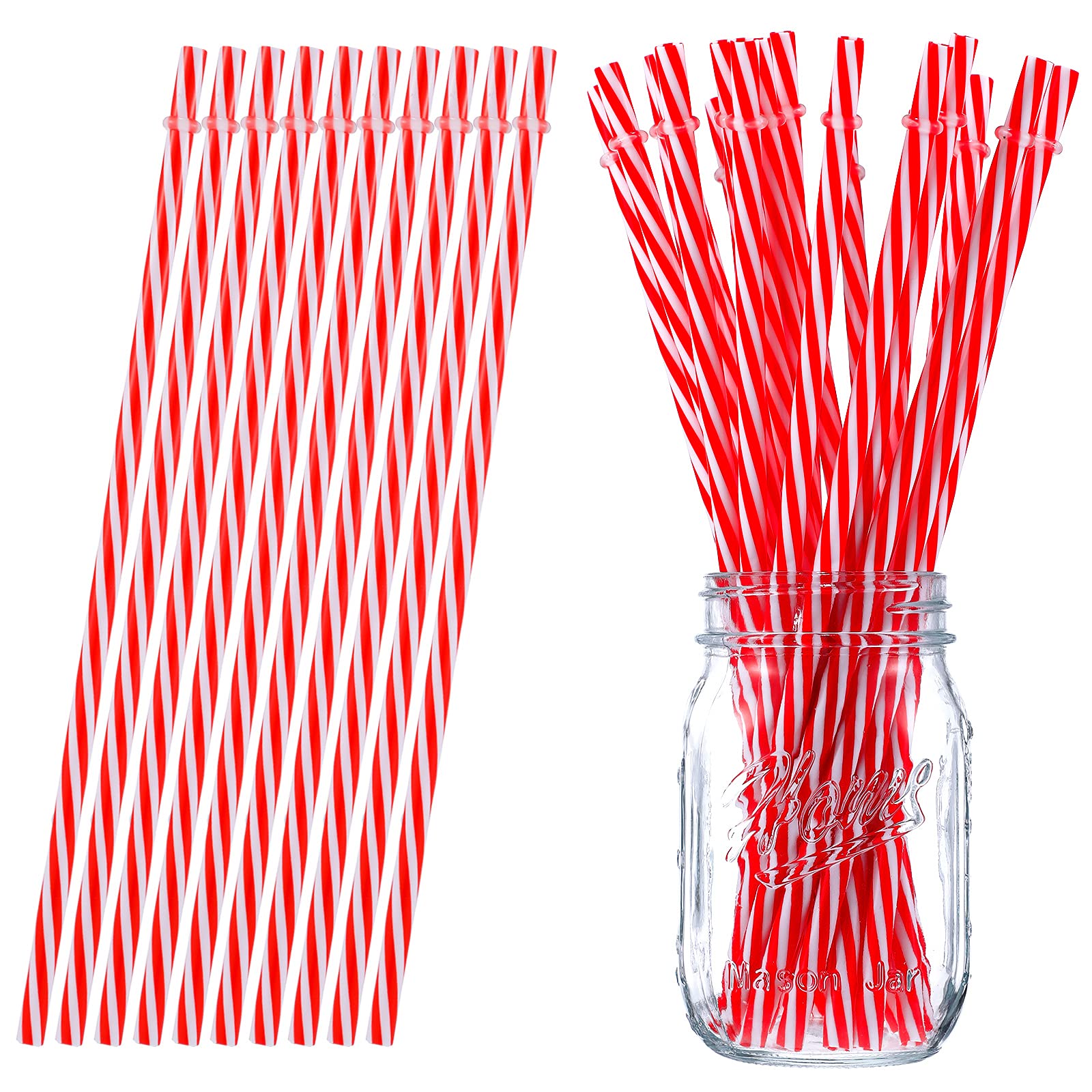 Christmas Reusable Plastic Straws Long Red Striped Straws Xmas Drinking Straws with Rings for Christmas Wedding Party Supplies(48 Pieces,9 Inch)