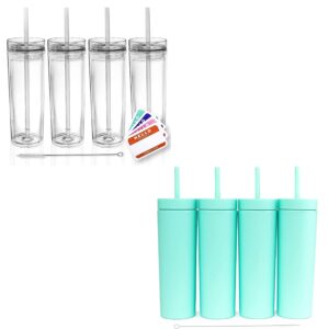 strata cups bundle! 4 pack 16 oz transparent acrylic tumblers with lids and straws + 4 pack 16 oz matte pastel (seafoam) acrylic tumblers