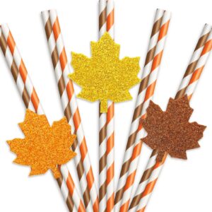 Whaline 60Pcs Thanksgiving Maple Leaf Paper Straws Fall Glitter Leaf 3 Color Disposable Drinking Straws Orange Brown Stripeed Straws with Glue Points for Autumn Thanksgiving Party Supplies