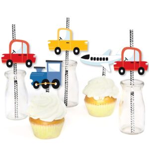 Big Dot of Happiness Cars, Trains, and Airplanes - Paper Straw Decor - Transportation Birthday Party Striped Decorative Straws - Set of 24