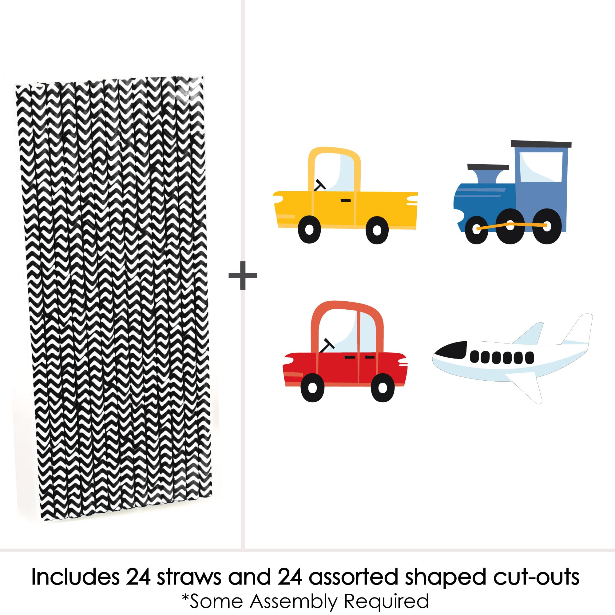 Big Dot of Happiness Cars, Trains, and Airplanes - Paper Straw Decor - Transportation Birthday Party Striped Decorative Straws - Set of 24