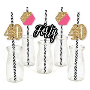 chic 40th birthday - pink, black and gold paper straw decor - birthday party striped decorative straws - set of 24