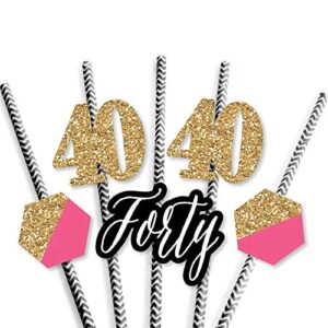 Chic 40th Birthday - Pink, Black and Gold Paper Straw Decor - Birthday Party Striped Decorative Straws - Set of 24