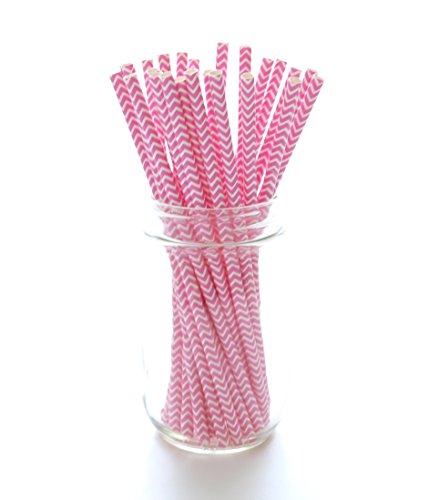 Fuchsia Hot Pink Chevron Straw - 25 Pack - Wedding Paper Party Straws, Princess Candy Striped Straws, Pink Chevron Drinking Straws