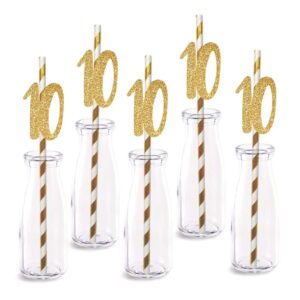 10th birthday paper straw decor, 24-pack real gold glitter cut-out numbers happy 10 years party decorative straws