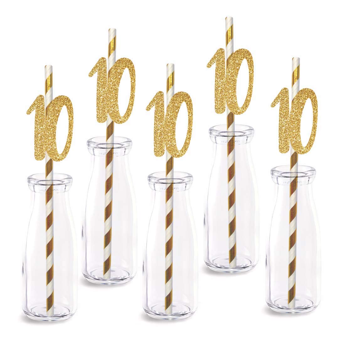 10th Birthday Paper Straw Decor, 24-Pack Real Gold Glitter Cut-Out Numbers Happy 10 Years Party Decorative Straws