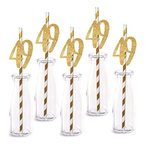 49th Birthday Paper Straw Decor, 24-Pack Real Gold Glitter Cut-Out Numbers Happy 49 Years Party Decorative Straws