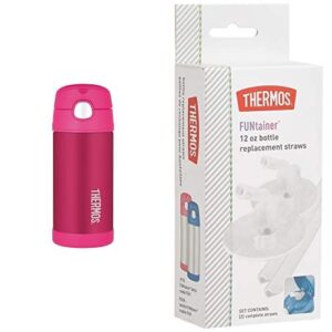 thermos funtainer 12 ounce stainless steel vacuum insulated kids straw bottle, pink and thermos replacement straws