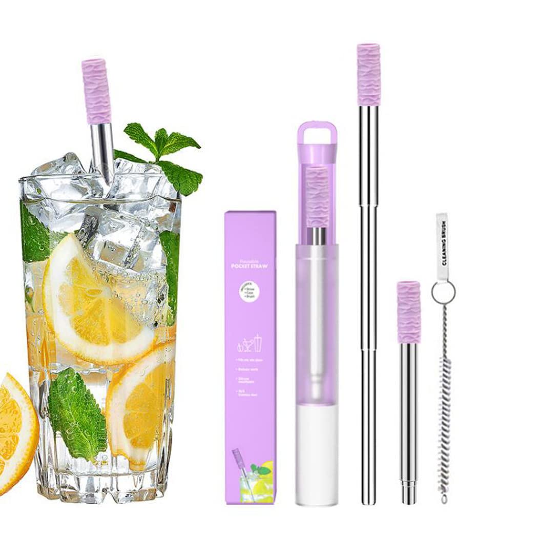 Hoshen 2-Pack Reusable Folding Metal Straw, Outdoor Travel Portable Telescopic Straw, Including Silicone Tip, Cleaning Brush and PP Drawer Shell (Color Box Packaging) - Purple