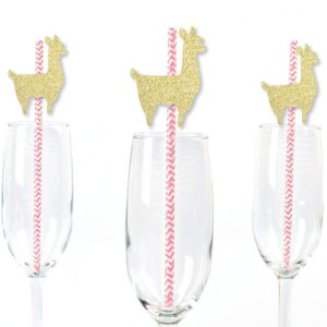gold glitter llama party straws - no-mess real gold glitter cut-outs and decorative llama fiesta baby shower or birthday party paper straws - set of 24