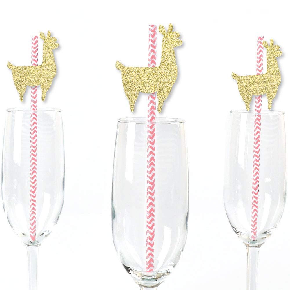 Gold Glitter Llama Party Straws - No-Mess Real Gold Glitter Cut-Outs and Decorative Llama Fiesta Baby Shower or Birthday Party Paper Straws - Set of 24