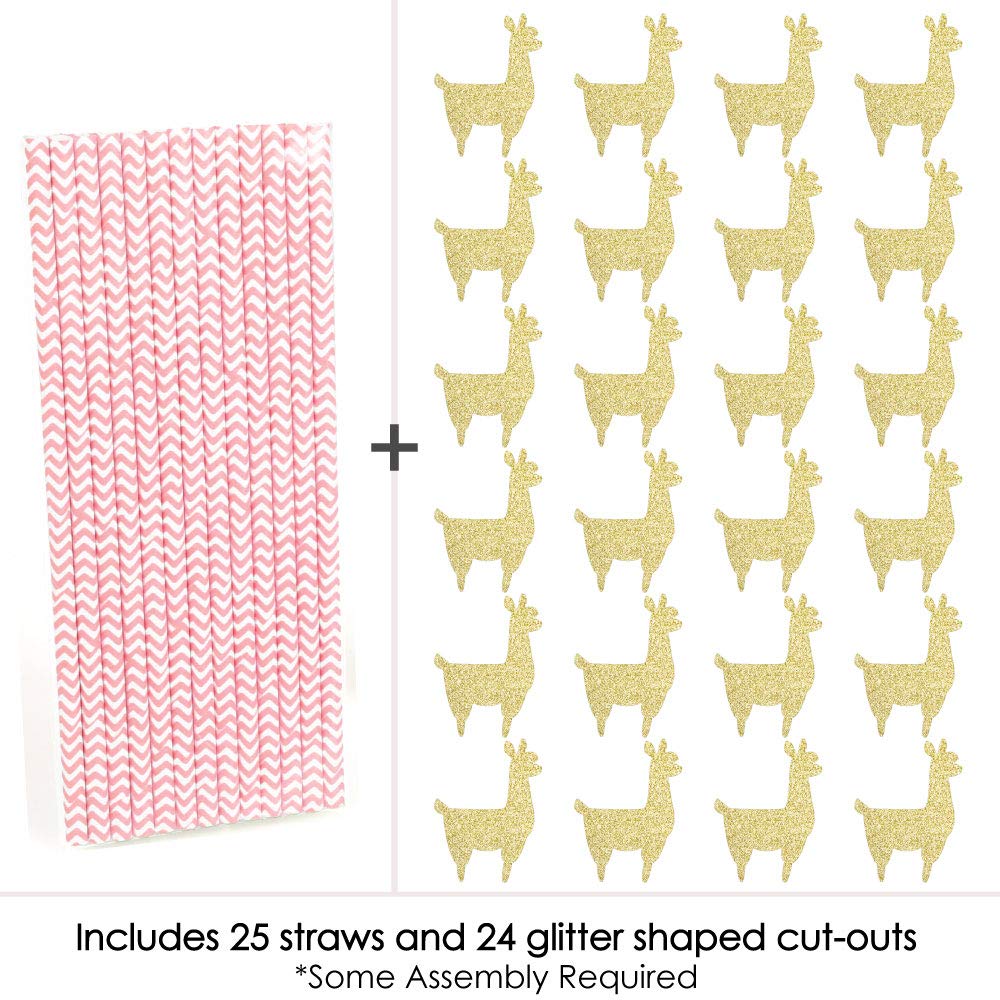 Gold Glitter Llama Party Straws - No-Mess Real Gold Glitter Cut-Outs and Decorative Llama Fiesta Baby Shower or Birthday Party Paper Straws - Set of 24