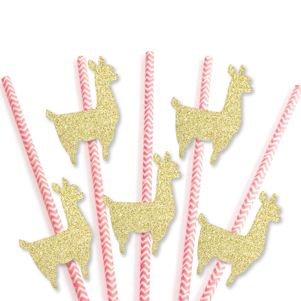 Gold Glitter Llama Party Straws - No-Mess Real Gold Glitter Cut-Outs and Decorative Llama Fiesta Baby Shower or Birthday Party Paper Straws - Set of 24