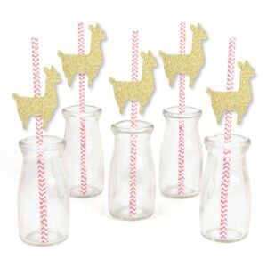 Gold Glitter Llama Party Straws - No-Mess Real Gold Glitter Cut-Outs and Decorative Llama Fiesta Baby Shower or Birthday Party Paper Straws - Set of 24