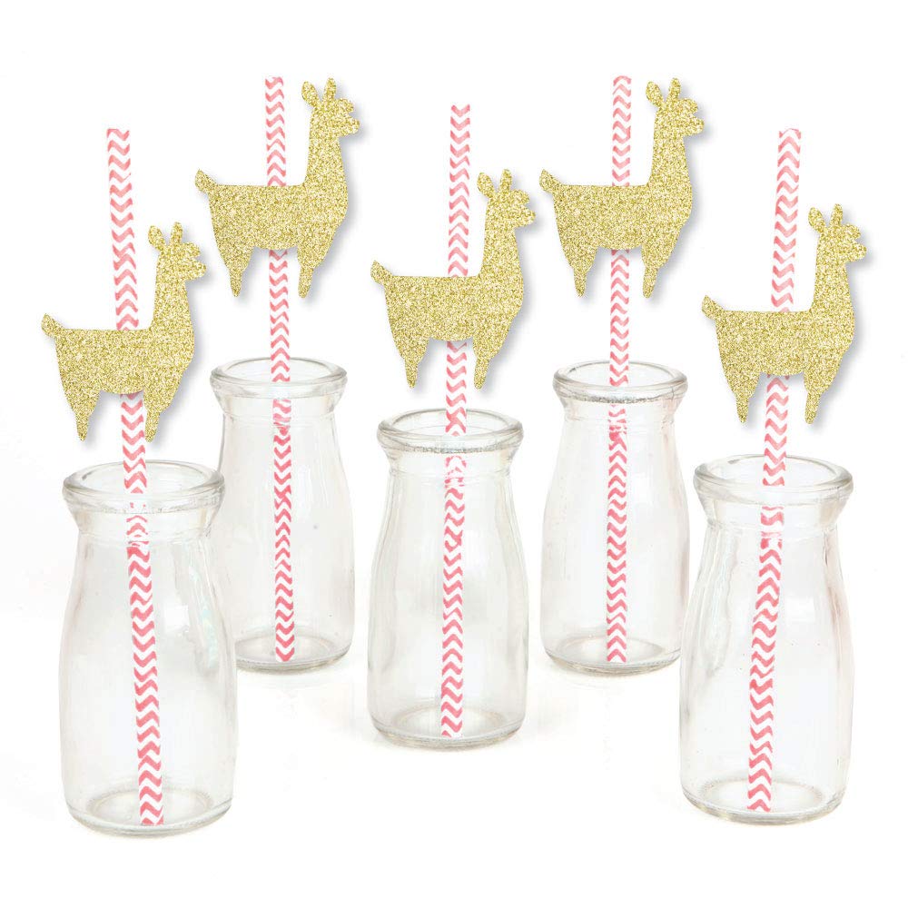 Gold Glitter Llama Party Straws - No-Mess Real Gold Glitter Cut-Outs and Decorative Llama Fiesta Baby Shower or Birthday Party Paper Straws - Set of 24