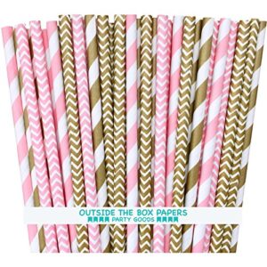 outside the box papers gold and pink stripe and chevron paper straws 7.75 inches 100 pack gold, pink, white