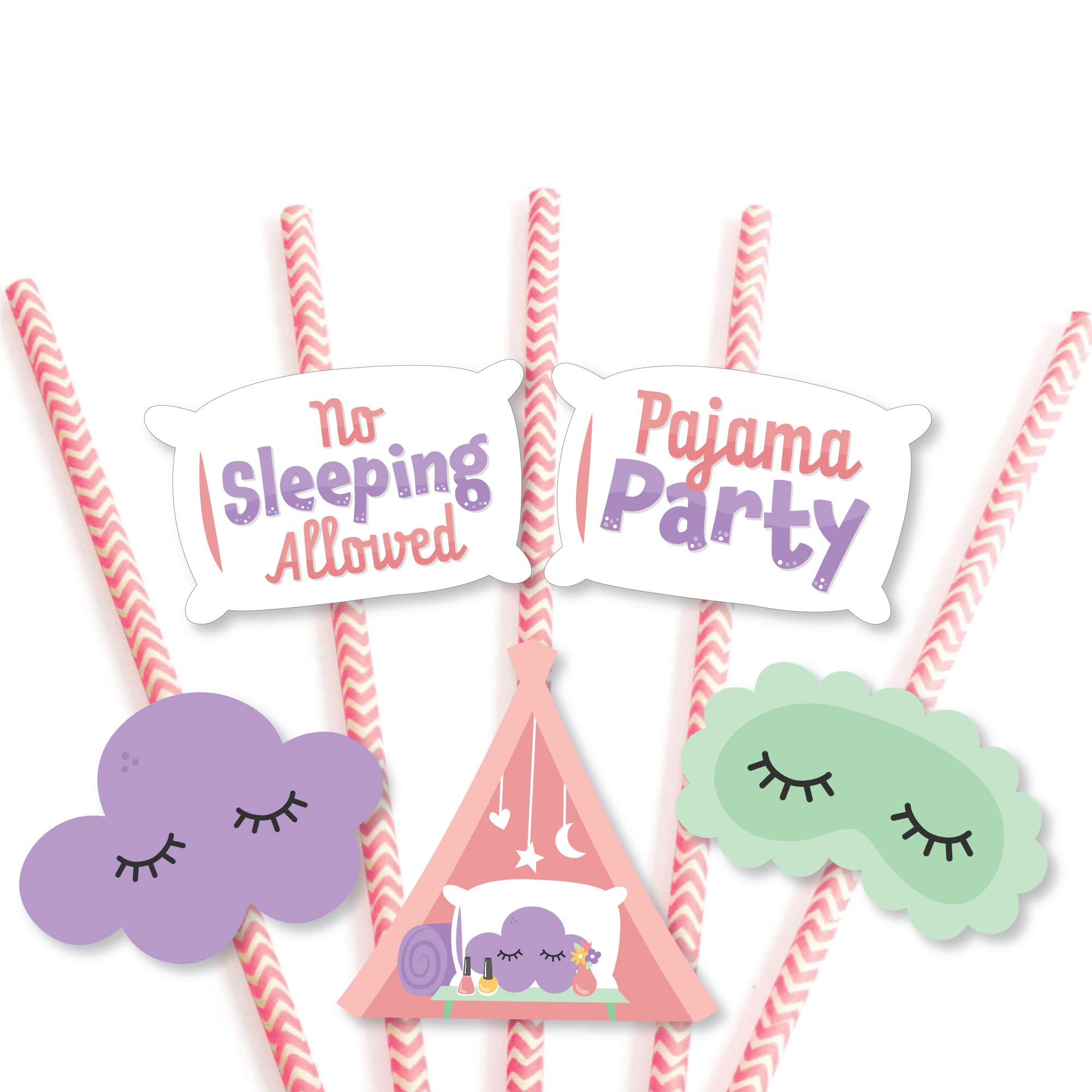 Big Dot of Happiness Pajama Slumber Party - Paper Straw Decor - Girls Sleepover Birthday Party Striped Decorative Straws - Set of 24