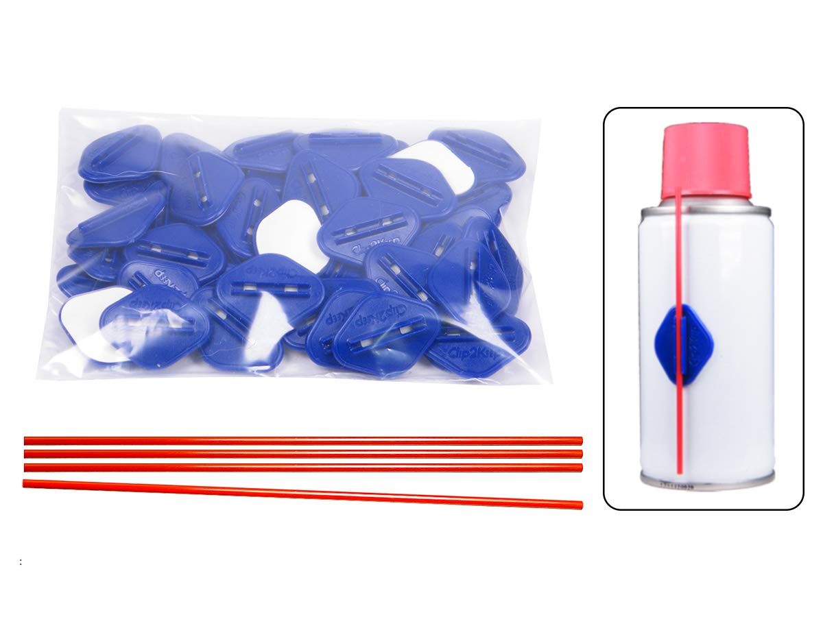 Clip2Keep 30 Aerosol Can Extension Straw Holders With 4 Replacement Red Straws, Spray Can Straw Plastic Clips With Self Adhesive (30 Blue) For Automotive Lubricant, Bike Spray, Contact Cleaner