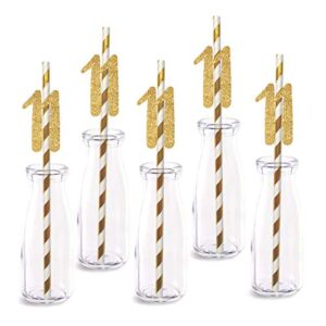 11th birthday paper straw decor, 24-pack real gold glitter cut-out numbers happy 11 years party decorative straws