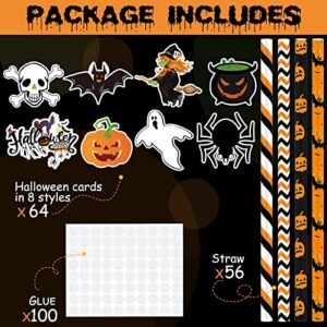 Hotop Halloween Party Supplies Includes 56 Disposable Paper Drinking Straws, 64 Halloween Pattern Cards & 100 Self Adhesive Dots, Pumpkin, Wave, Bat & Stripe Straws for Halloween Party Favors