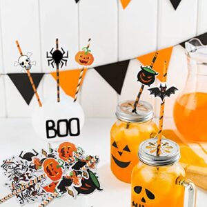 Hotop Halloween Party Supplies Includes 56 Disposable Paper Drinking Straws, 64 Halloween Pattern Cards & 100 Self Adhesive Dots, Pumpkin, Wave, Bat & Stripe Straws for Halloween Party Favors