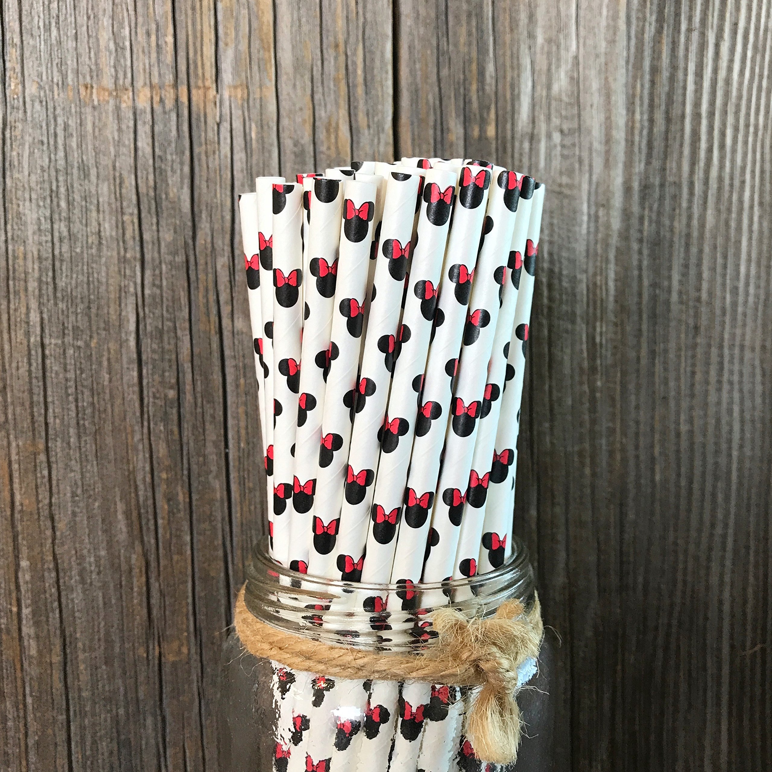 Minnie Mouse Inspired Paper Straws - Red Black White - 7.75 inches - 50 Pack - Outside The Box Papers Brand