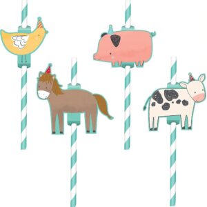 birthday farm animals cutout paper straws - 12pc